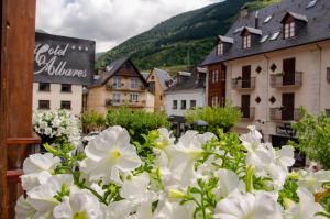 a bunch of white flowers in front of a town at Albares in Vielha