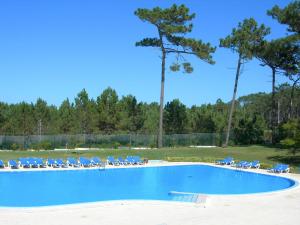 a large swimming pool with lounge chairs and trees at Parque De Campismo Orbitur Sao Pedro De Moel in São Pedro de Moel