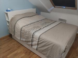 Bett in einem kleinen Zimmer mit einem Bettröckchen-Speckspeck in der Unterkunft Au bon acceuil in Channay-sur-Lathan
