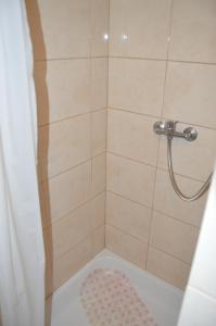 a bathroom with a shower with a pink shower rug at Penzion Rafaella in Česká Kamenice