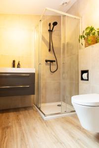 a bathroom with a shower and a toilet at Luxe hippe Lodge in de bossen van Oisterwijk in Oisterwijk