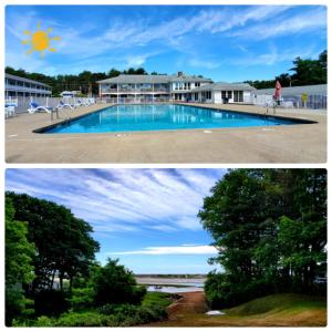 two pictures of a swimming pool next to the beach at Ogunquit Tides in Ogunquit