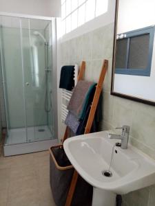 a bathroom with a sink and a shower at Chez charline in Sainte-Mère-Église