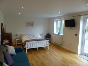a bedroom with a bed and a couch and a tv at Littlemead - Newly renovated private studio near Glastonbury in Glastonbury