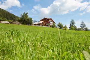 a field of green grass with a house in the background at Gasthof Gröbenhof in Fulpmes