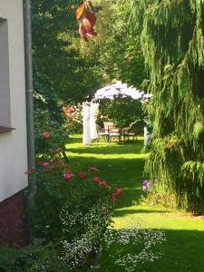 a bride and groom in the garden of a house at Family Home Garden & Sauna in Kraków