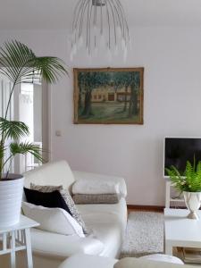 ein Wohnzimmer mit einer weißen Couch und einem Gemälde an der Wand in der Unterkunft SchlossparkFerienwohnungen Rheinsberg in Rheinsberg