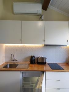 a kitchen with a sink and a toaster on a counter at Cantinho da Luz in Ponta Delgada