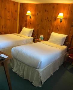 two beds in a hotel room with wooden walls at Phoenicia Lodge in Phoenicia