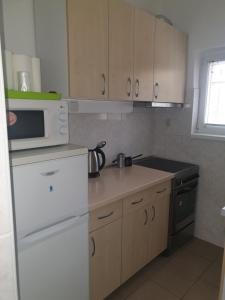 uma cozinha com um frigorífico branco e um micro-ondas em Zseki apartman em Hajdúszoboszló