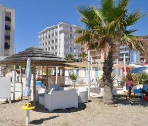 plaża z krzesłami i palmą oraz budynek w obiekcie HOTEL ADRIA BEACH w Rimini