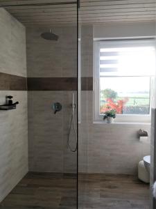 a bathroom with a glass shower with a window at Ferienwohnung Storchenblick in Zurow