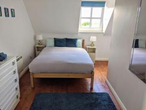 a bedroom with a bed with blue pillows and a window at Marymount Apartment in Carrick on Shannon