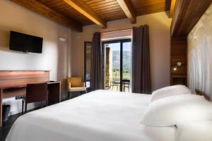 a bedroom with a bed and a desk and a television at Hotel Spa Aguas de los Mallos in Murillo de Gállego