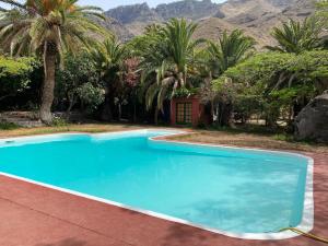 una piscina con palmeras y montañas al fondo en La Casa del Molino de Viento en Agaete