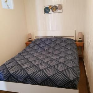 Schlafzimmer mit einem Bett mit einer blauen und weißen Bettdecke in der Unterkunft Het Huisje Klein maar Fijn in Bár