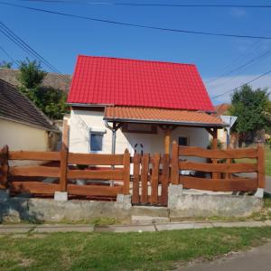una casa con tetto rosso e recinzione in legno di Het Huisje Klein maar Fijn a Bár