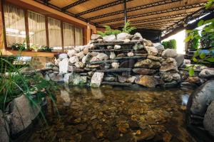 a koi pond in a building with rocks and plants at Sonyachniy Promin in Polyana