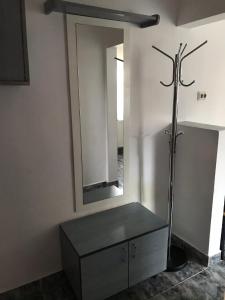 um quarto com uma cómoda e um espelho em Apartament Andreea em Târgu-Mureş