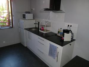 uma pequena cozinha com um lavatório e um micro-ondas em Appart-Hotel Métro D Mermoz Lyon8 em Lyon