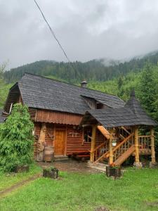 a large log cabin with a black roof at Будинок Художника in Synevyrsʼka Polyana