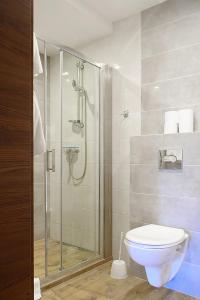 uma casa de banho com um chuveiro e um WC. em Apartamenty CityCenter em Mrągowo