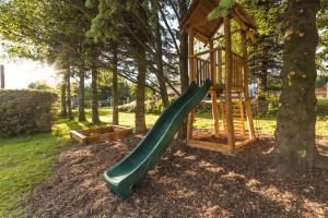 a playground with a green slide next to a tree at Chata Krušnohorka in Kovářská