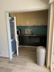 a kitchen with a refrigerator and a trash can at CASA FANFAMARE in Sesimbra