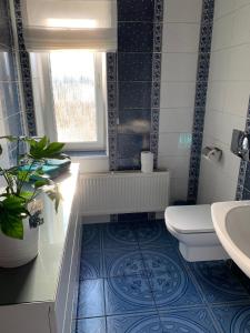 La salle de bains est pourvue de toilettes et d'un lavabo. dans l'établissement Apartamenty Toszeckie 4-6 osób, à Toszek