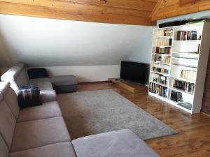 salon z kanapą i półką na książki w obiekcie Dom na Wzgórzu w Andrychowie