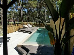 My Holiday Home - Aroeira Golf & Beach في تشارنكه: حمام سباحة في فناء خلفي مع نباتات الفخار