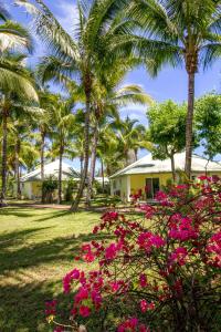 uma casa com flores cor-de-rosa em frente às palmeiras em Hotel Exsel Floralys em Étang-Salé les Bains