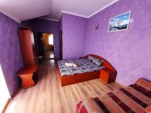 チョロノモスクにあるмини отель "Шевченковский"の紫の壁のベッドルーム1室(ベッド1台付)