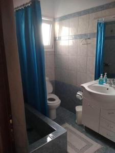 a bathroom with a toilet and a blue shower curtain at ziogas apartments in Plataria