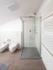 y baño con ducha de cristal y aseo. en Istriana boutique apartment, en Nova Gorica