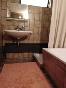 La salle de bains est pourvue d'un lavabo et d'une baignoire. dans l'établissement Ferienhaus Lederer, à Stockenboi