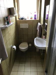 a small bathroom with a toilet and a sink at Haus Michael in Villabassa +25 photos