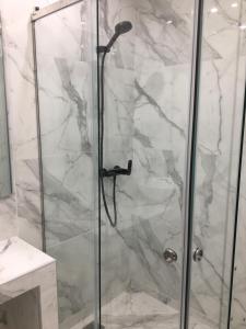 a shower with a glass door in a bathroom at Villa tranquility in Lagonissi +32 photos