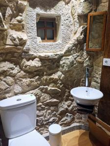 a stone bathroom with a toilet and a sink at Casa Rural La Bodega in Aldeadávila de la Ribera +44 photos