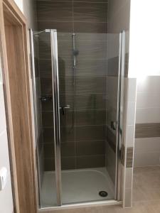 a shower with a glass door in a bathroom at Apartmány U Stadionu in Šumperk