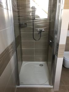 a shower with a glass door in a bathroom at Apartmány U Stadionu in Šumperk