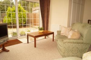 a living room with a couch and a table and a tv at Edge of Exmoor Garden Flat, dog friendly, sleeps 2 - 4 in East Anstey