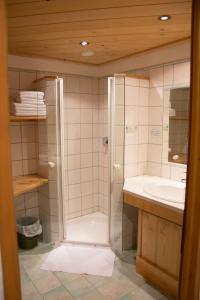 a bathroom with a shower and a sink at Hochberghaus Resort in Grünau im Almtal +58 photos