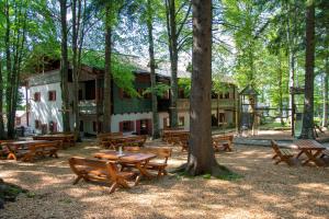 a group of wooden picnic tables in a park at Hochberghaus Resort in Grünau im Almtal