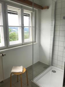 a bathroom with a shower and a stool and two windows at Kloster Wernberg in Wernberg