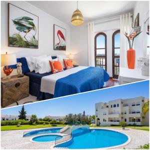a hotel room with a bed and a swimming pool at Alvor Apt 2 bedrooms AC & Pools near town and beach sleeps 6 in Alvor