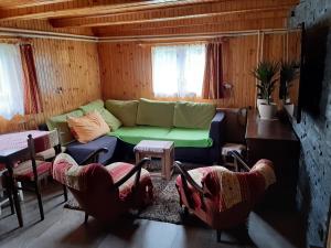 a living room with a green couch and chairs at Fleurs de Mýto in Mýto pod Ďumbierom