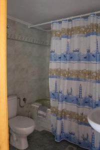 La salle de bains est pourvue de toilettes et d'un rideau de douche. dans l'établissement Koula's Place, à Elafonisos