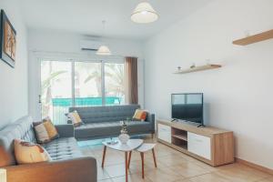 een woonkamer met een bank en een tv bij Elegant 1 Bedroom Apartment - Great Kings Resort Protaras, Kapparis in Paralimni