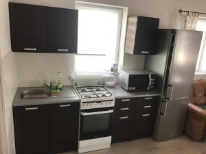 a kitchen with a stove and a sink and a refrigerator at Domek do wynajęcia SkoSki in Jaworzynka